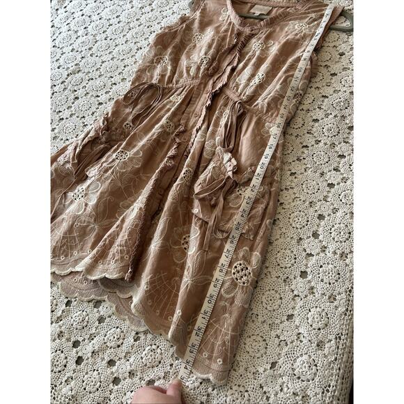 LuPruia Tan Cream Floral Embroidered Eyelet Cotton Button Front Dress Sz L Pleat - Picture 8 of 12